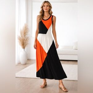 Jeune Jeunesse Color Block Maxi Dress Size M Orange Black Off White Sleeveless